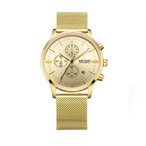 MEGIR 2011 Quartz Watch with Metal Strap – Gold MEGIR 2011 Quartz Watch Men Business Analogue Brown Leather Strap Watch Product Specifications Model number 2011 Display type Analog Style Business Dial Color Gold Clasp Type Buckle Movement Quartz Special Features 3 ATM Water Resistance, Chronograph Function, Complete Calendar Calendar Type Complete Calendar Case Size 43*49mm Case Thickness 11mm Case Material Alloy Case Shape Paper Band Length 21.9cm Band Width 22*20mm Band Color Gold Band Material Metal