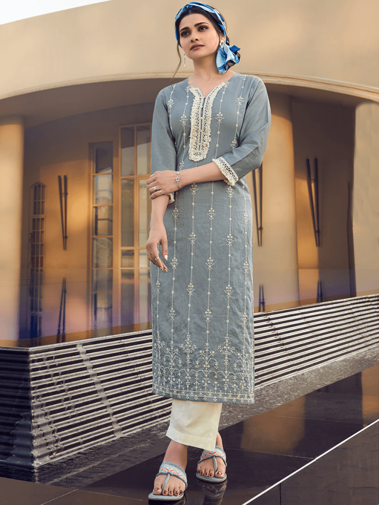 VISCOSE CHANDERI WITH SEQUENCE CODING EMBROIDERY WORK KURTIS