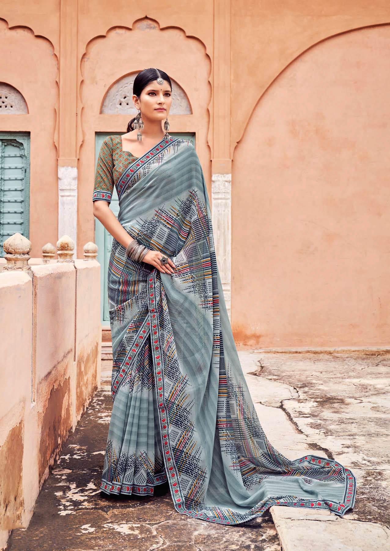 Green Color Georgette Printed Saree With Piping Border And Fancy Printed  Blouse Piece - ROOP KASHISH - 4144905