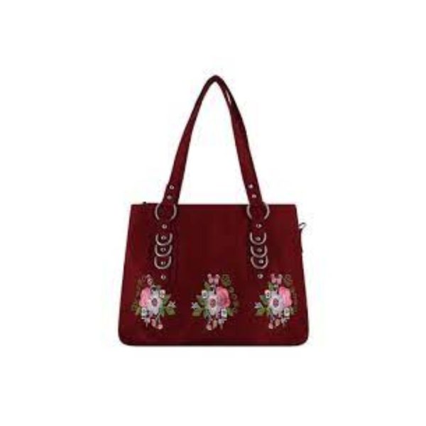 Maroon Flower Embroidered Handbag for Women-BOBO-01