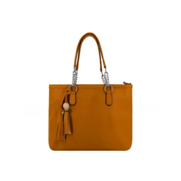 Solid Color Tote Handbag with Tassel - GCI (Brown)