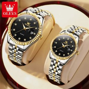 Olevs-5526-Luxurious-Black-Dial-Two-tone-Couple-Watch-1