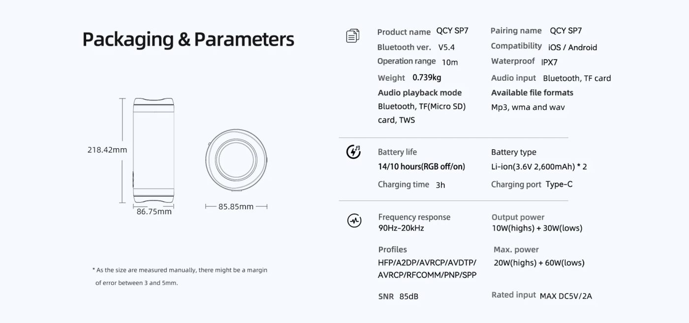 QCY SP7 Altoparlante Bluetooth RGB Nero – 4 Driver, 115dB, IPX7, 14h Di Autonomia, Con TF E AUX